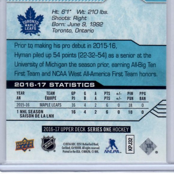 Zach Hyman Young Guns Upper Deck Rookie Card 2016/17 #222 Toronto Maple Leafs - Picture 3 of 4
